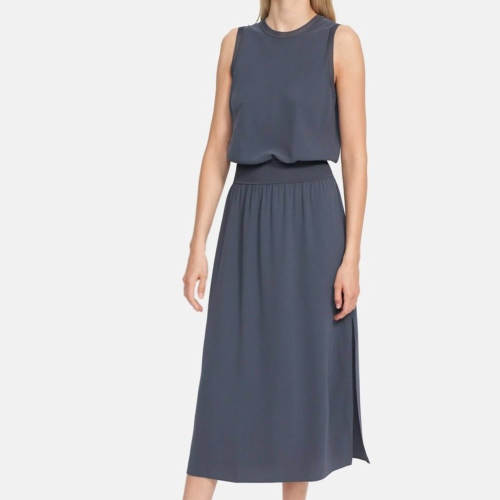 Theory Crewneck Crepe Dress, Slate Grey, Small, New without tags